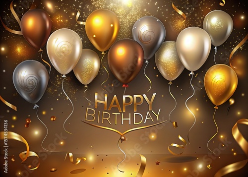 Elegant Balloons with Ribbons and Sparkling Lights in Shades of Gold and Bronze Hues