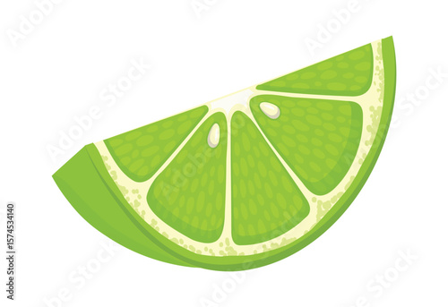 Freshly cut lime wedge, showcasing its vibrant green color, juicy texture, and the segmented flesh of the citrus fruit, ideal for adding a zesty touch to beverages and culinary creations