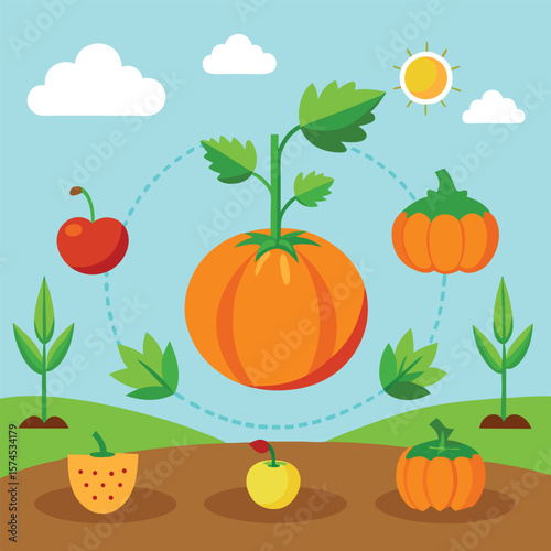 A vector illustration of pumpkins, leaves, and other autumn harvest elements creates a seamless pattern for fall, Halloween, and Thanksgiving designs