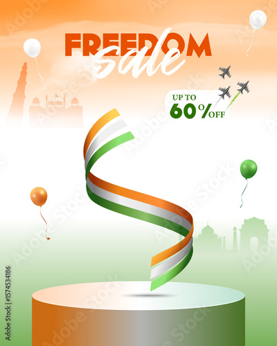 india independence day, republic day sale podium background with fighter jet balloons and confetti on tricolor abstract background