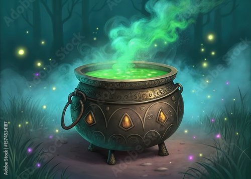 Ornate Cauldron with Green Potion, Bubbling Brew, Smoke, Forest, Mystical, Magical Ambiance