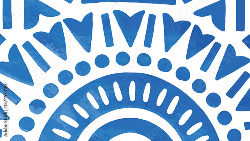 Detailed blue and white watercolor style pattern with circles and geometric shapes forming a design