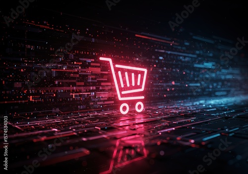 Digital Shopping Cart Icon on Futuristic Circuit Board Glowing with Neon Lights