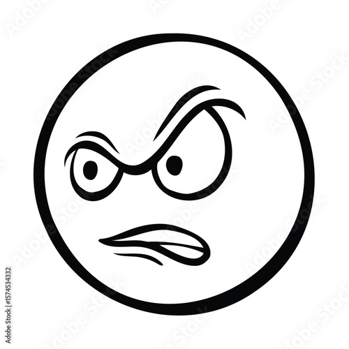 Angry cartoon emoji expresses negative emotions in black and white