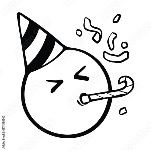 A cheerful smiley face wearing a party hat celebrating something