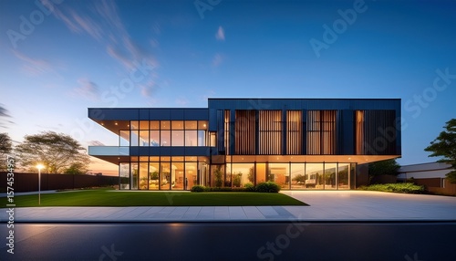modern suburban office building glows at twilight architectural exterior stock photo