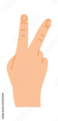 Cartoon illustration of a hand making peace sign, gesturing with index and middle fingers raised up, symbolizing victory, agreement or truce, isolated on white background