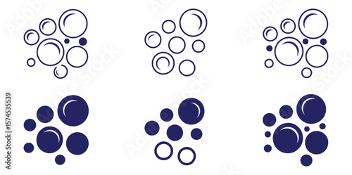 Bubbles flat glyph icons set.Vector art of bubbles of various sizes float on an isolated white background Soap foam, fizzy drink,oxygen bubble pictogram,effervescent effect vector illustrations,signs.