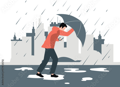 The boy continues to face the heavy rain