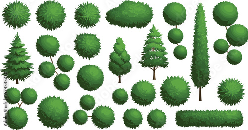 
Set of green cartoon bushes, topiary trees, pine trees, shrubs, hedge, garden elements, isolated foliage icons, vector landscape assets.