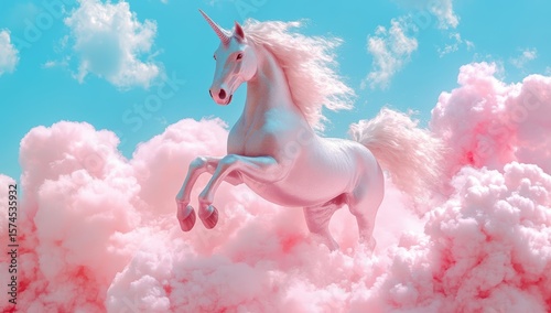 A majestic white unicorn leaps gracefully through fluffy pink clouds under a bright blue sky with scattered white clouds.