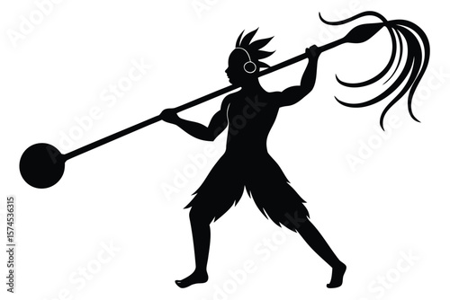 Tribal warrior silhouette with headphones and a spiked weapon