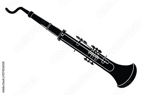 Silhouette of a black clarinet with detailed keys and bell