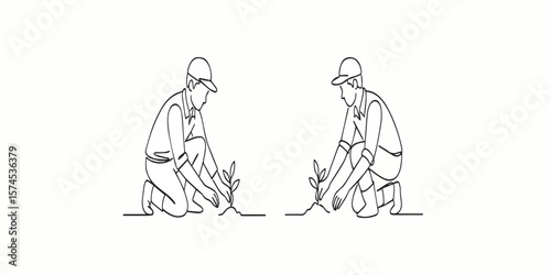 Print   Single continuous line drawing young male farmer planting plant shoots in the ground. Start the planting period. Minimalism metaphor concept. Dynamic one line draw graphic design vector  