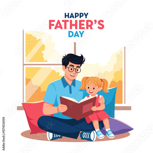 A heartwarming scene depicts a father and daughter reading together, celebrating love and togetherness on a special day.
