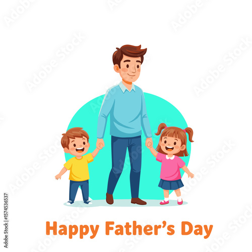 A cartoon father holds hands with his son and daughter in celebration for Fathers day with the words happy Fathers day at the bottom. 