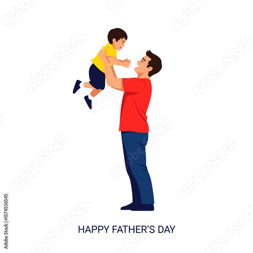 A father lifts his son in the air for fathers day. The dad is wearing a red shirt while the son is wearing a yellow shirt.
