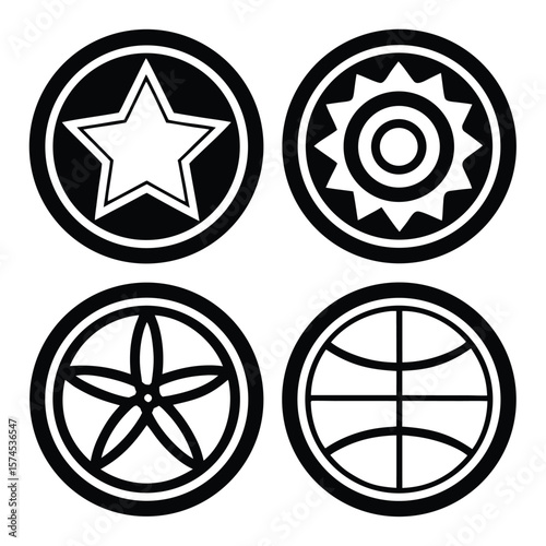 Four circular abstract emblems featuring geometric shapes and patterns star