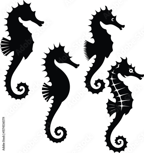  Seahorse Silhouette Vector Black Marine Animal Illustration