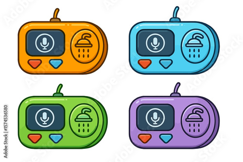 Variety of colorful shower control panels with voice activation feature displayed on a white background