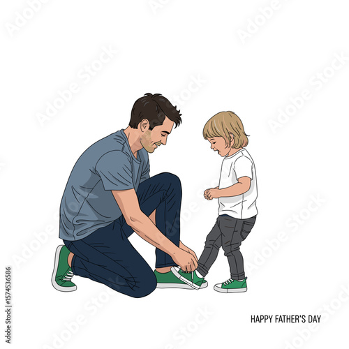 A heartwarming illustration of a father tying his child's shoelace, a moment of love and care on a white background.