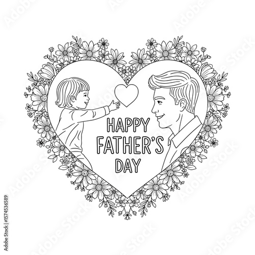 Father's Day art featuring a heart-shaped floral wreath, father, and child reaching towards a heart, celebrating familial bonds.