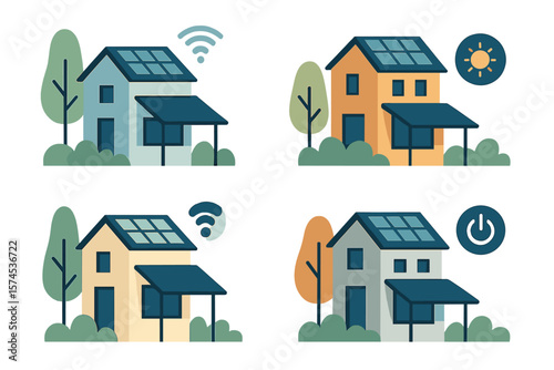 Modern homes with solar panels demonstrate energy efficiency and smart technology integration throughout different time scenarios