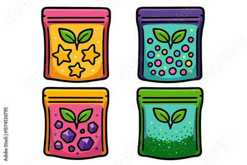 Colorful bags of plant seeds displayed in various fun designs showcasing gardening supplies for enthusiasts of all ages