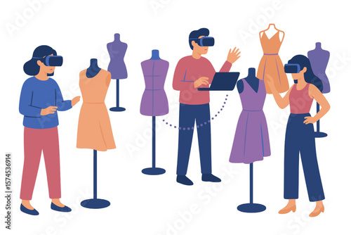 Fashion enthusiasts explore virtual reality clothing options in a modern design studio