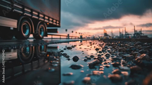 A large truck drives down a wet, rocky road at dusk, with city lights and a dramatic sky reflected in puddles.