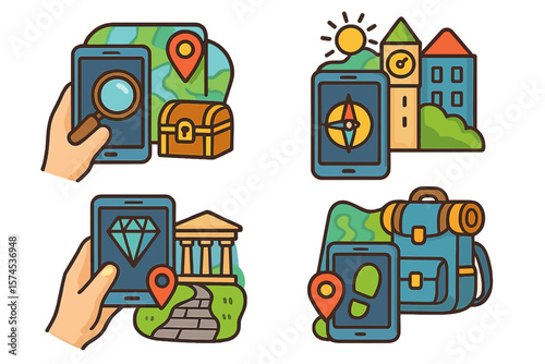 Exploring digital treasure hunts with smartphones in a vibrant landscape filled with maps, landmarks, and adventure icons