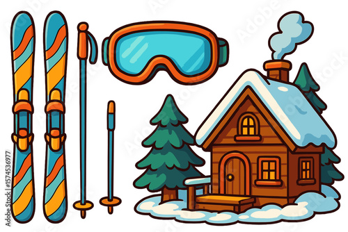 Ski equipment and cozy cabin in a winter landscape with pine trees and snow