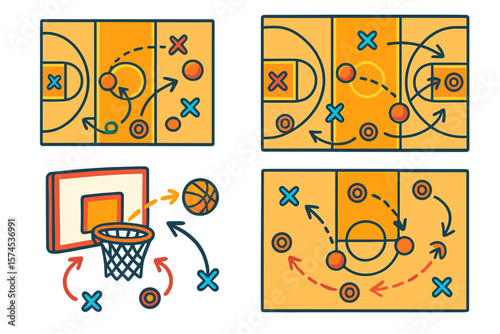 Basketball court strategy illustrations showcasing offensive and defensive plays during a game
