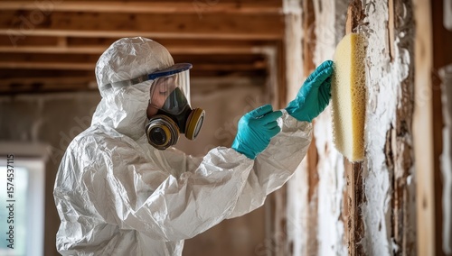 A worker in full protective gear removes insulation from a wall in a building under renovation or remediation.
