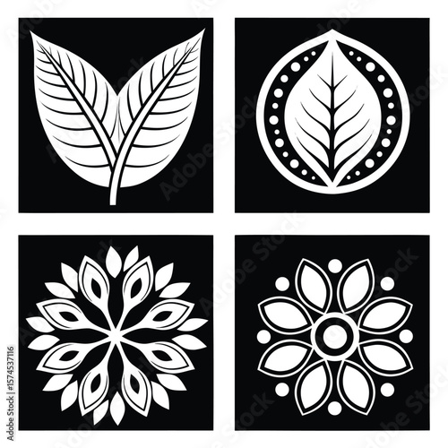 Four white leaf and floral designs on black background abstract botanical