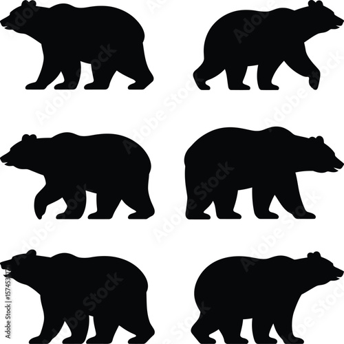 Bear Silhouette Vector Black Wild Animal Icons in Walking Pose