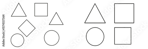 Shapes and forms arranged in distinct patterns on a clean background showcasing geometric variety