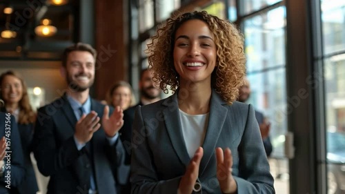 A smiling businesswoman stands in front of a group of colleagues, all clapping and celebrating in a bright, modern office setting.