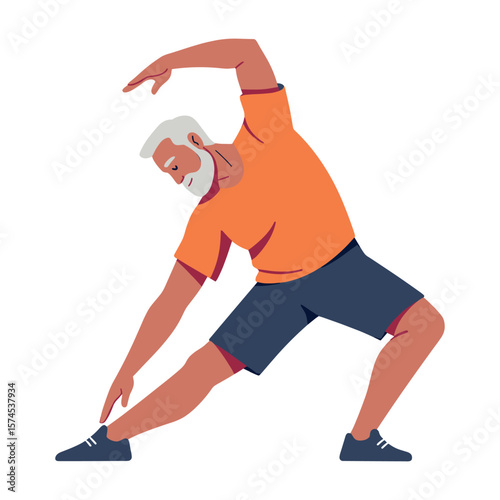 Elderly man stretching with enthusiasm in sportswear on a white background