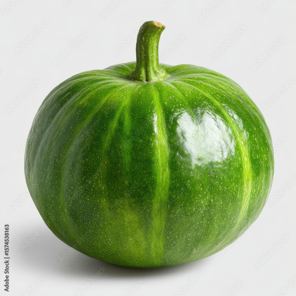 Close up shot of a single green pumpkin against a plain white background view Close up shot of a single green pumpkin against a plain white background view