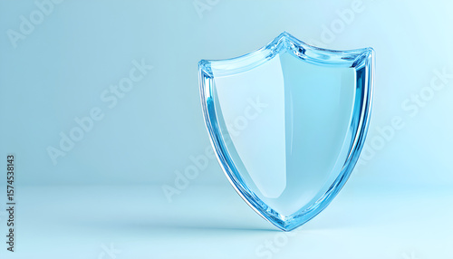 3D cartoon transparent blue shield emblem. Glossy crystal material, graphic design element for protection, security, privacy,