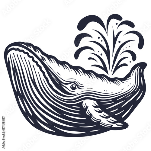 Linocut whale, depicting the serene underwater marine life in a stylized oceanic scene, ideal for nautical themed designs and aquatic educational materials