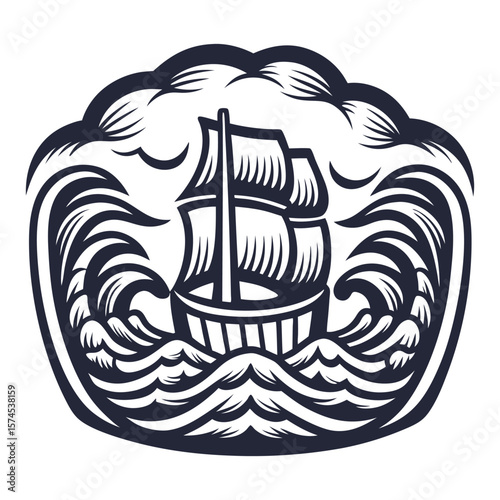 Stylized traditional frigate with full sails on ocean, marine ship in linocut style, capturing the timeless allure of nautical exploration and adventure on the high seas