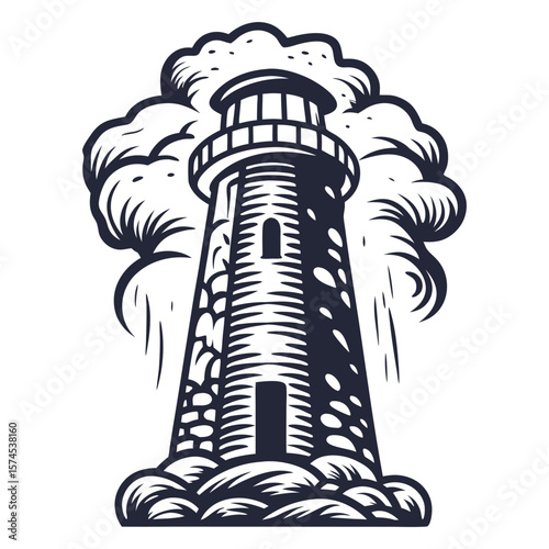 Striking linocut towering lighthouse standing firm on the shore, waves crashing around it against a backdrop of a dramatic sky and soaring birds. Marine or nautical element for sea and ocean design
