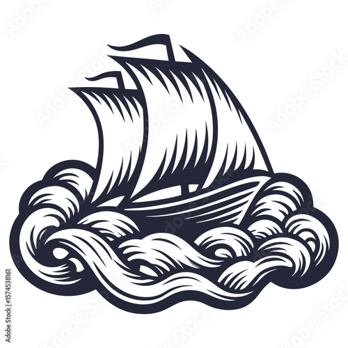 Stylized traditional frigate with full sails on ocean, marine ship in linocut style, capturing the timeless allure of nautical exploration and adventure on the high seas