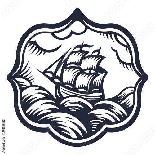 Stylized traditional frigate with full sails on ocean, marine ship in linocut style, capturing the timeless allure of nautical exploration and adventure on the high seas