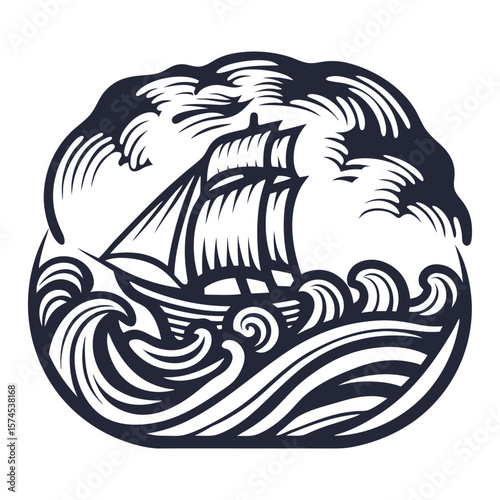 Stylized traditional frigate with full sails on ocean, marine ship in linocut style, capturing the timeless allure of nautical exploration and adventure on the high seas