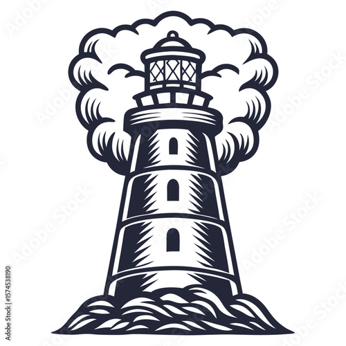 Striking linocut towering lighthouse standing firm on the shore, waves crashing around it against a backdrop of a dramatic sky and soaring birds. Marine or nautical element for sea and ocean design