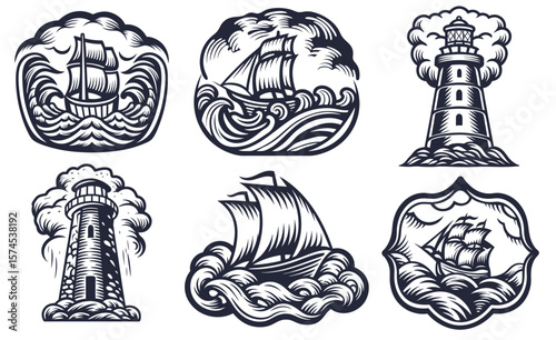 Set of monochrome illustrations featuring sailing ships navigating through turbulent waves and lighthouses standing firm amidst the stormy sea, evoking a classic nautical theme