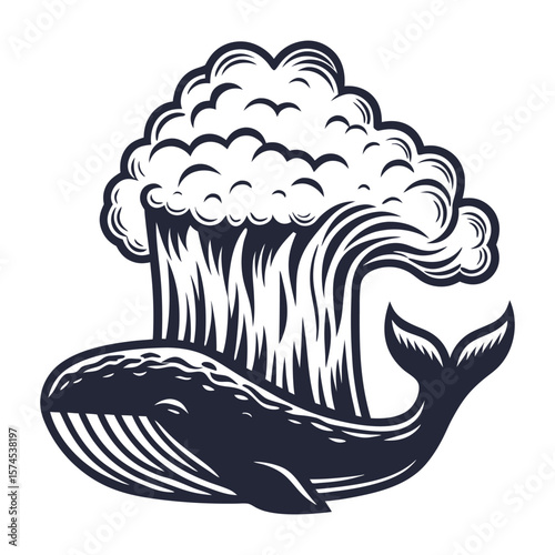 Linocut whale, depicting the serene underwater marine life in a stylized oceanic scene, ideal for nautical themed designs and aquatic educational materials